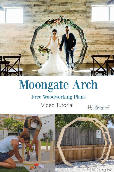 How to make a DIY moon gate arch for wedding or garden. Make trendy wedding decor for less than $50 get the wedding arch plans, watch the video, make the moongate arch! #weddingdecor #backyarddecor #DIYwedding #moongate Wedding Arch Plans, Trendy Wedding Decor, Moongate Arch, Gate Arch, Arch For Wedding, Wood Wedding Arches, Woodworking Projects Table, Diy Moon, Moon Gate