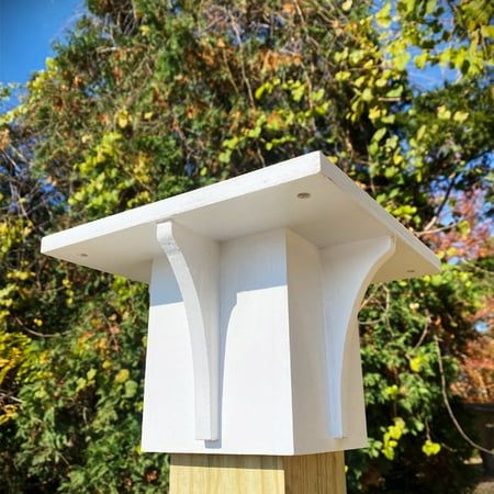 Mount your wooden house or feeder to a standard 4 x 4 post using this dependable and stylish Decorative White Post Mounting Bracket by Prime Retreat. This bright, white bracket's flat top features four pre-drilled holes and four included wood screws for easy connectivity, and a generous 8.875" square platform for affixing a large bird house or feeder. An extra support fin on each side of the lengthy collar lends a dash of flair to the piece, while the robust, all wood construction offers durabil Decorative Post, Platform Bird Feeder, Large Bird Feeders, Large Bird Houses, Bird Feeder Plans, Bird Houses Ideas Diy, Bird House Plans, Unique Bird Houses, Porch Posts