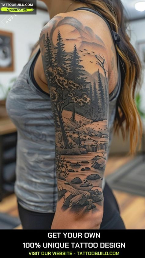 Woodland Sleeve Tattoo For Women, Fall Nature Tattoo, Nature Scene Tattoo For Women, Forrest Tattoo Designs Women, Tree Sleeve Tattoo Women, Mountain Sleeve Tattoo Women, Half Sleeve Tattoo Mandala, Nature Sleeve Tattoo Women, Ladies Sleeve Tattoo Ideas