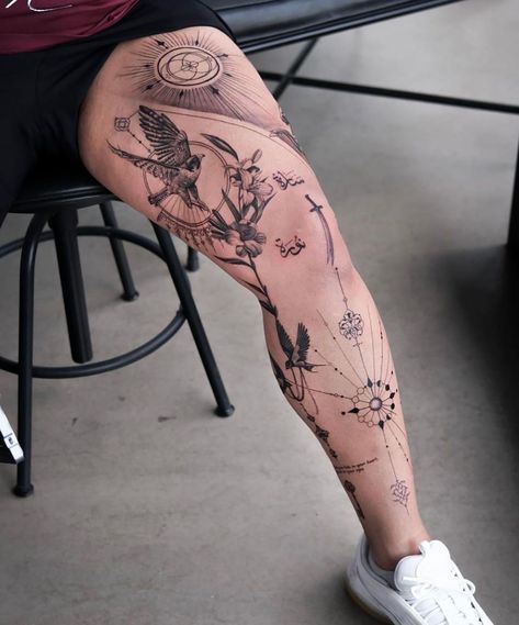 Explore the world of leg tattoos! Dive into trending designs, expert tips, and all you need to know before getting inked with the perfect leg tattoo! Couple Leg Tattoos, New Age Tattoo, Tattoo Perna, Couple Tattoos Unique Meaningful, Leg Tattoo Ideas, Best Leg Tattoos, Full Leg Tattoos, Uv Tattoo, Simple Tattoos For Guys