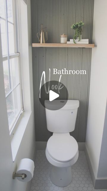 Kelsey Gibby on Instagram: "Such a quick and easy way to add a big impact to a small space. Love this little accent wall for behind a bathroom toilet and the best part is this only took about an hour to complete! Not to mention it was super affordable! Comment “materials” below to get list of all the supplies I used for this accent wall." Bathroom Toilet Accent Wall, Bathroom Paint And Wallpaper Ideas, Small Bathroom Accent Wall Behind Toilet, Modern Downstairs Toilet Ideas, Wooden Wall Bathroom Ideas, Bathroom Wall Behind Toilet, Tiny Toilet Room Ideas Modern, Small Space Accent Wall, Accent Wall For Bathroom