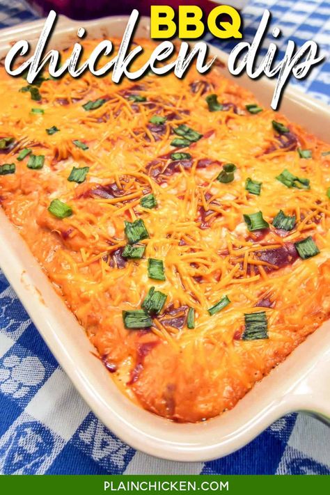 BBQ Chicken Dip - super easy make-ahead dip for a party! Chicken, cream cheese, bbq sauce, ranch dressing, cheddar cheese, and green onions - I could eat this dip as a meal! It is SOOOO good! Great dip recipe for parties. Everyone always wants the recipe. #bbq #chicken #dip #lowcarb #glutenfree #gameday Dips With Rotisserie Chicken, Pulled Chicken Dip, Tailgate Chicken Recipes, Bbq Chicken Dip Cream Cheese, Ranch Bbq Sauce, Recipes For Bbq Party, Bbq Chicken Appetizer, Canned Chicken Dip Recipes, Barbecue Chicken Dip