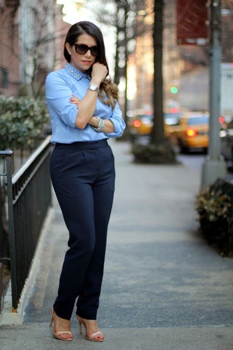 *AT embellished collar blue button up top + navy blue pants or pencil skirt + nude heels Navy Blue Shirt Outfit, Navy Blue Pants Outfit, Blue Pants Outfit, Slacks Outfit, J Crew Outfits, What To Wear To Work, Chino Pants Women, Jeweled Collar, Fashionable Work Outfit