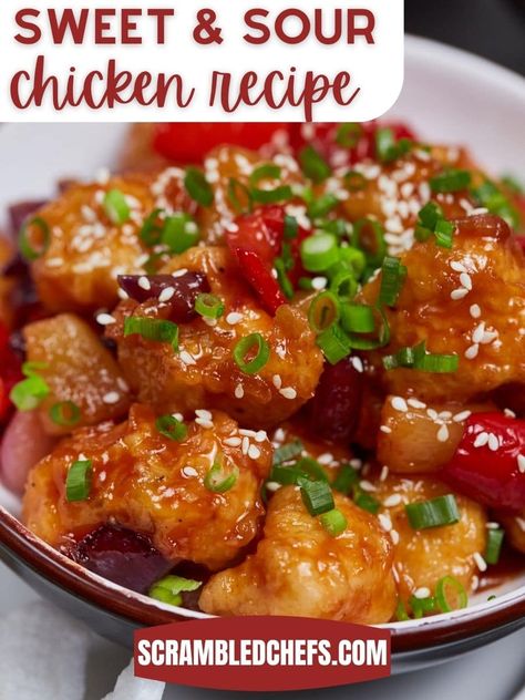 Copycat sweet and sour chicken with pineapple is a fast and easy weeknight meal filled with tender chicken, peppers, onions, and pineapple! Sweet And Sour Chicken With Pineapple, Sweet And Sour Chicken Thighs, Sour Chicken Recipe, Pineapple Chicken Recipes, Chicken Peppers, Sweet Chicken, Sweet And Sour Chicken, Sour Foods, Chinese Foods