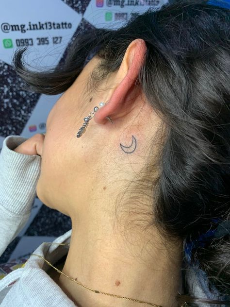 Crescent Moon Ear Tattoo, Behind The Ear Tattoo Ideas Moon, Small Moon Tattoo Behind Ear, Sun And Moon Behind Ear Tattoo, Behind The Ear Moon Tattoo, Behind Ear Tattoo Moon, Moon Tattoo Ear, Crescent Moon Tattoo Behind Ear, Ariana Grande Moon Tattoo