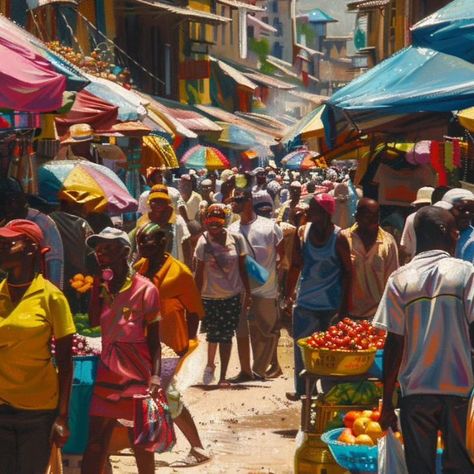 PROMPT Generate an image of a busy street market in Haiti, teeming with hundreds of people. The market is packed with vendors selling a variety of goods such as fruits, vegetables, spices, clothes, and handmade items from colorful stalls. The crowd is dense, with people moving, talking, and bargaining, creating a lively and chaotic atmosphere. The background features traditional Haitian architecture and elements that emphasize the local culture. The scene should vividly capture the energy and... Haitian Architecture, Haitian Culture, People Moving, Busy Street, Street Market, Fruits Vegetables, The Scene, Haiti, The Locals