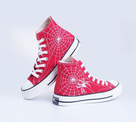 CONVERSE CHUCK TAYLOR 1970S CUSTOM EMBROIDERED SPIDER WEB Custom Embroidered Converse, Spiderweb Embroidered Shoes, Custom Embroidered Sneakers Man and Women, Spider Embroidered Shoes, Gift For Son  💸 Price includes Converse Shoes and floral embroidery as shown 🌸 You can send me your Converse/Vans shoes or I can buy them for you. We stock all the Converse and Vans shoes you want, if you want other Converse/Vans shoes in the store, please message us. Your embroidered Converse/Vans shoes will be Spider Man Converse, Spiderman Converse, Embroidered Shoes Converse, Converse Chuck 70s, 1970s Shoes, Chuck 70s, Embroidery Unique, Shoes Customized, Embroidered Sneakers