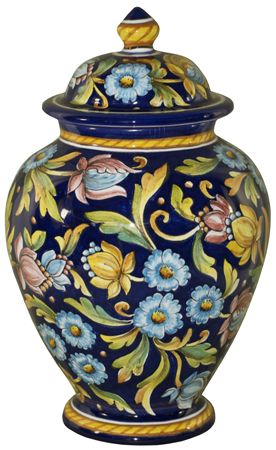 Italian Ceramic Centerpiece Urn - Blue Floral Ceramic Centerpiece, Ceramic Birdhouse, Ceramics Pottery Vase, Ceramic Lantern, Italian Majolica, Painted Clay Pots, Ceramic Urn, Talavera Pottery, Italian Pottery