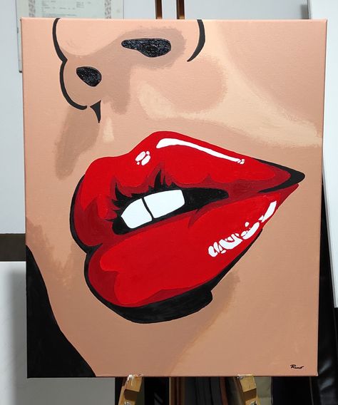 Make Up Painting On Canvas, Lip Painting Canvases Easy, Makeup Painting Canvas, Two Color Painting, Lips Painting Acrylic, Self Love Painting Canvases, Pop Art Painting Ideas Simple, Pop Art Painting Ideas, Lips Canvas Painting