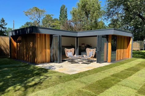 How to get a garden room installed – and what it will cost — The Independent L Shaped Shed Ideas, L Shape Tiny House, L Shape Garden Room, L Shaped Garden Room, Small L Shaped House Design, Garden Buildings Summer House, L Shaped Garden, Cosy Garden, Contemporary Garden Rooms