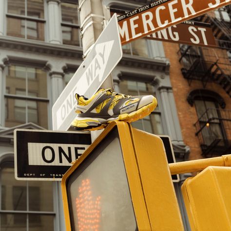 SS19 BALENCIAGA TRACK SNEAKER IN NYC - FASHION BY CHRIS HOBBS PHOTOGRAPHY BY CLEMENT PASCAL FOR MATCHESFASHION.COM Shoe Street Photography, City Product Photography, Street Product Photography, Shoe Still Life, Sneaker Photography, Balenciaga First, Balenciaga Track Sneaker, Shoe Photography, City Sneakers