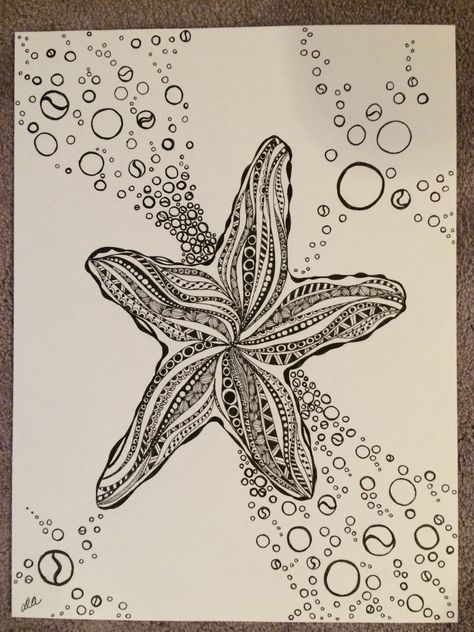 Zentangle Starfish for Tracey Underwater Zentangle Doodles, Zentangle Stingray, Seaweed Zentangle, Zentangle Ocean Patterns, Starfish Line Art, Zen Tangle Fish, Animal Zentangle Art, Zentangle Starfish, Underwater Zentangle