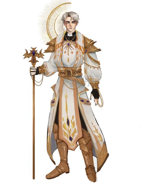 Fantasy cleric character design concept art Sun Cleric Dnd, Cleric Poses Reference, Fantasy Robes Concept Art, Dnd Life Cleric, Cleric Of Lathander, Cleric Clothing, Religious Character Design, Prophet Character Design, D&d Cleric Art