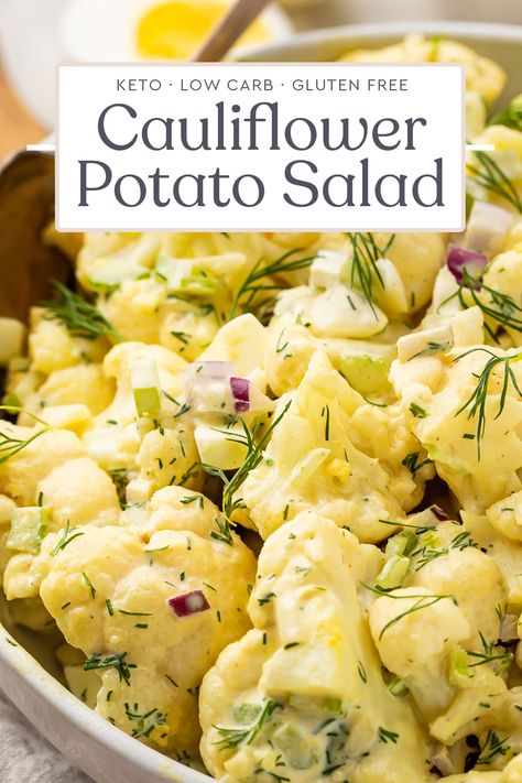 This cauliflower potato salad is a low carb and keto twist on classic potato salad. With tons of flavor, cauliflower steps in for potatoes in this delicious side dish, making it perfect for potlucks, BBQs, or anytime you need a creamy, refreshing side! Bright but creamy, we took our very favorite potato salad and simply canceled the carbs! Low Carb Grilling Sides, Low Carb Cauliflower Potato Salad, Keto Bbq Salad, Keto Cauliflower Salad Recipes, Low Carb Potato Salad, Low Carb Side Dish Recipes, Keto Potato Salad, Cauliflower Potato Salad, Cauliflower Salad Recipe