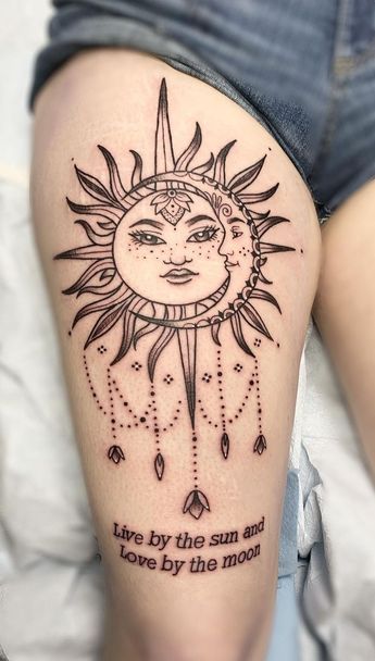 Tattoos Moon And Sun, Small Tattoos Moon, Tattoos Moon, Sun Tattoo Designs, Hip Thigh Tattoos, Boho Tattoos, Tattoos Mandala, Tattoos Geometric, Sun Tattoos