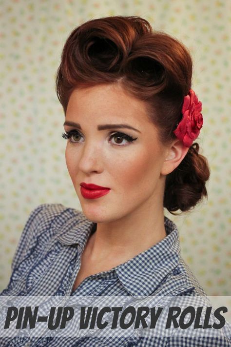 The Freckled Fox: Modern Pin-up Week: #2 - Pin-up Victory Rolls Stile Pin Up, Cabelo Pin Up, Easy Vintage Hairstyles, Vintage Hairstyles Tutorial, 50s Hairstyles, Victory Rolls, 1940s Hairstyles, Pin Up Vintage, Roll Hairstyle