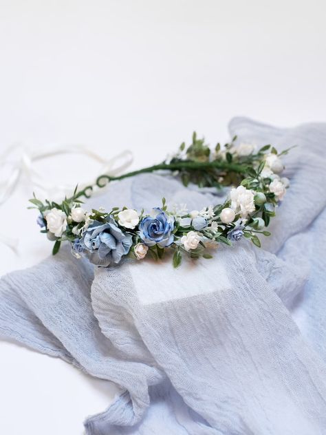 White Flower Headpiece, Flower Crown Blue, Blue Floral Crown, Blue Flower Headband, Boho Floral Crown, Bridal Hair Pieces Flower, Bridesmaid Crown, Blue Flower Crown, Flower Crown Bridesmaid