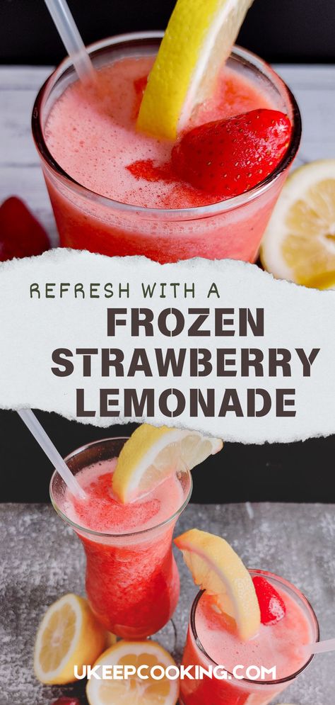 Refresh with a Frozen Strawberry Lemonade! 🍓🍋 This cooling treat blends tart lemonade with sweet, frozen strawberries for the ultimate summer drink. Perfectly chilled and bursting with flavor, it’s your go-to recipe for a quick and easy thirst-quencher. Frozen Strawberry Lemonade Recipe, Frozen Strawberry Lemonade, Cold Drinks Recipes, Lemonade Smoothie, Strawberry Lemonade Recipe, Frozen Drink Recipes, Frozen Strawberry, Drink Recipes Nonalcoholic, Summertime Drinks