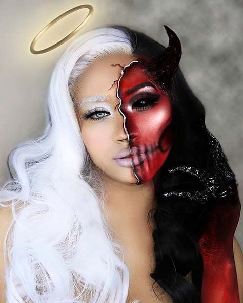 Angel Makeup Ideas, Angel Halloween Makeup, 천사와 악마, Demon Makeup, Makeup Ideas For Halloween, Devil Makeup, Halloweenský Makeup, Holloween Makeup, Angel Makeup