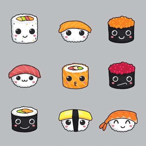 Set of cute sushi face vector | Premium Vector #Freepik #vector #sushi #sushi-icon #sushi-cartoon #sushi-set Foto Cute, Sushi Cartoon, Cute Sushi, Kids Workshop, Face Painting Easy, Sushi Art, Kids C, Pixel Art Grid, Cute Patterns Wallpaper