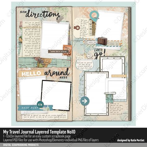 My Travel Journal Layered Template No. 10- Katie Pertiet - PSE/PS Templates #designerdigitals #scrapbooking #digitalscrapbooking #psdtemplates #psd #layout Goal Journal Ideas Layout, My Travel Journal, Scrapbooking Layouts Travel, Notebook Sketches, Katie Pertiet, Travel Journal Scrapbook, Photo Album Layout, Digital Scrapbooking Ideas, Goal Journal