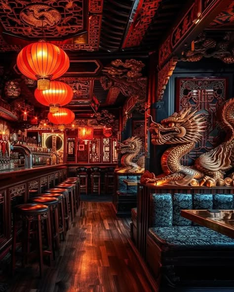 Chinese Bar Design, Asian Restaurant Interior Design, Chinese Cafe Design, Bloxburg Restaurant, Chinese Restaurant Interior Design, Chinese Restaurant Interior, Chinese Hotel, Chinese Bar, Chinese Cafe