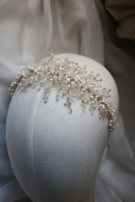 Pearl Wedding Crown Headpieces, Pearl Bridal Headband With Veil, Pearl Bridal Crown, Gold Wedding Headband, Wedding Hair Crown, Pearl Headpiece Wedding, Gold Bridal Crowns, Hair Tiara, Pearl Bridal Headpiece