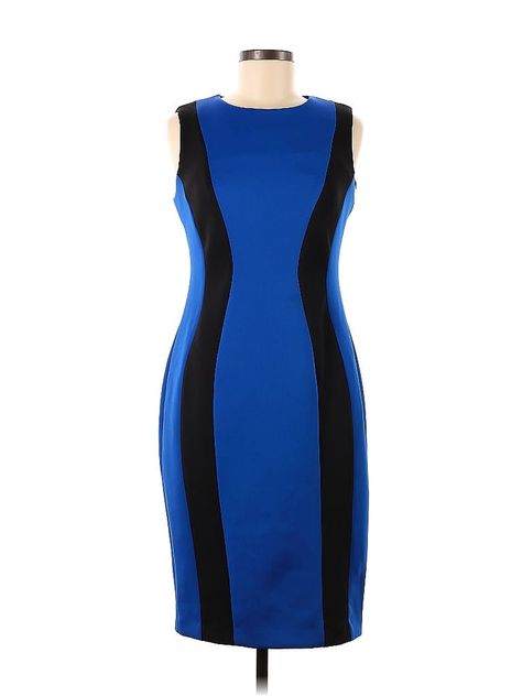 Calvin Klein Cocktail Dress Size: 8 Blue Dresses - used. 91% POLYESTER, 9% SPANDEX, Bodycon, Crew Neck, Color Block, Knee Length, Sleeveless | Calvin Klein Cocktail Dress - Bodycon: Blue Color Block Dresses - Used - Size 8 Blue Cocktail Dress, Midi Cocktail Dress, Dress Bodycon, Klein Blue, Dress Midi, Colorblock Dress, Blue Dresses, Color Block, Knee Length