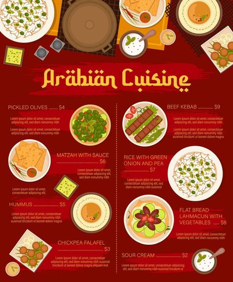 Arabian food restaurant meals menu vector template Arabic Food Menu, Arabian Cuisine, Resturant Menu, Food Font, Restaurant Meals, Pickled Olives, Festival Booth, Arabian Food, Recipe Icon