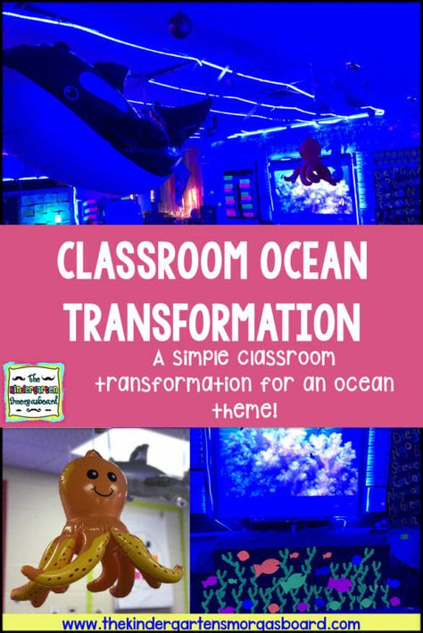 Ocean Theme For Kindergarten, Ocean Transformation Classroom, Habitat Classroom Transformation, Under The Sea Classroom Transformation, Ocean Room Transformation, Ocean Classroom Transformation, Ocean Theme Classroom Activities, Kindergarten Room Transformation, Ocean Themed Classroom Ideas