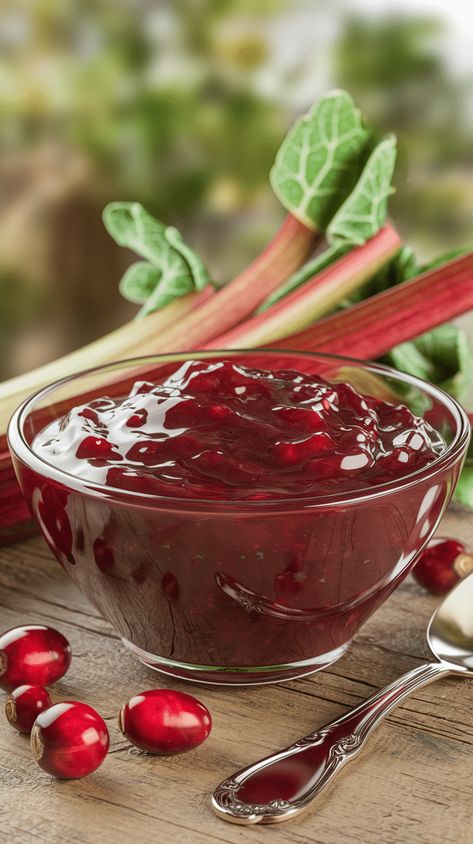 Tangy Cranberry Rhubarb Sauce Recipe Cranberry Rhubarb Recipes, Rhubarb Sauce Recipes, Rhubarb Curd, Tart Flavors, Rhubarb Sauce, Holiday Sides, Spiced Apple Cider, Christmas Entertaining, Rhubarb Recipes