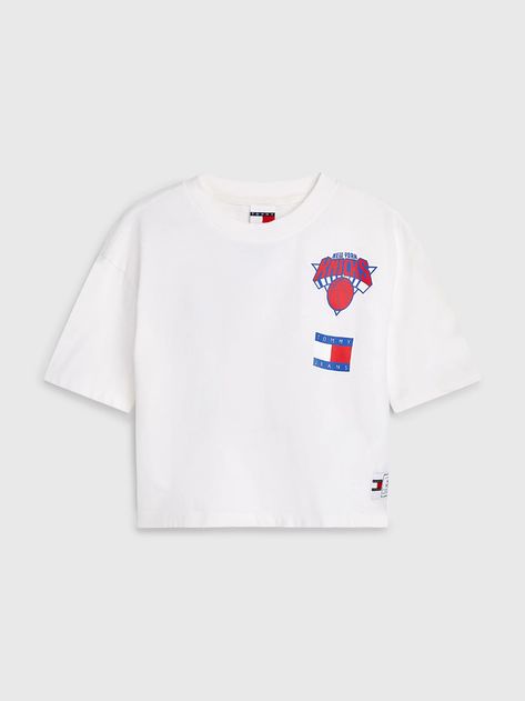 Tommy Jeans & NBA Cropped T-Shirt | WHITE | Tommy Hilfiger White Tommy Hilfiger Tops For Streetwear, Tommy Hilfiger White Crew Neck Top, Yellow Cotton Tommy Hilfiger Top, Tommy Hilfiger White T-shirt With Graphic Print, Nba New York, Oversized Crop Top, Tommy Hilfiger Tops, Tommy Hilfiger Women, Cropped T Shirt