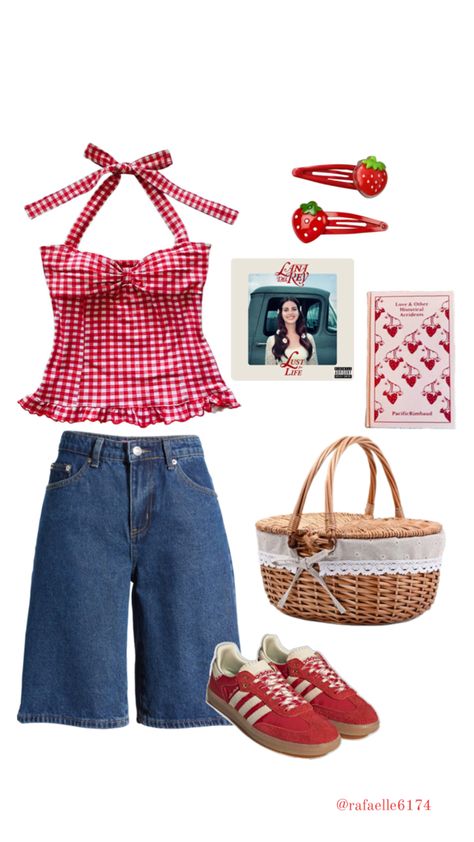 #fashion #outfit #strawberry #strawberrygirl #gingham #red #jorts #samba #lanadelrey Strawberry Clothing, Strawberry Outfit, Gingham Outfit, Strawberry Girl, 90s Inspired Outfits, Space Outfit, 70s Outfits, Korean Casual Outfits, Lovely Clothes