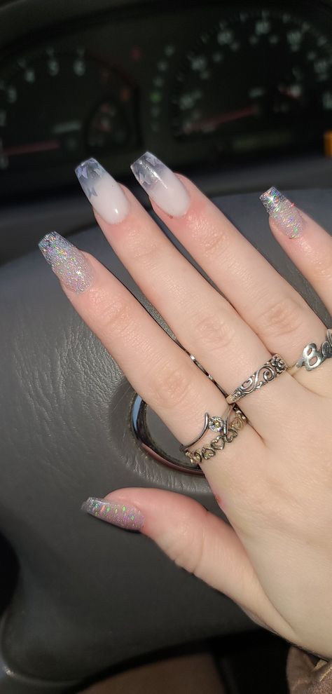 White to Transparent Ombre Acrylic Nails, with Holographic Butterfly and Glitter Inclusions. Baptism Nails, Acrylic Nails Holographic, Transparent Acrylic Nails, Glitter Acrylic Nails, Nails Holographic, Holography, Colored Acrylic Nails, Glitter Acrylic, Glitter Acrylics