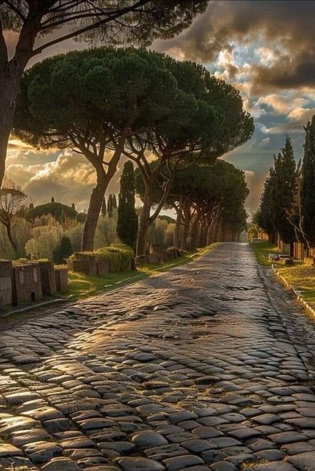 Appian Way (312 BC)  The Appian Way, one of the earliest and most important Roman roads, was known as the "Queen of Roads" and originally connected Rome to the southern Italian city of Brindisi. Fall Of Constantinople, Appian Way, Via Appia, Interstate Highway, Roman Roads, Byzantine Empire, Landscape Art Painting, Unique Trees, Garden Pathway