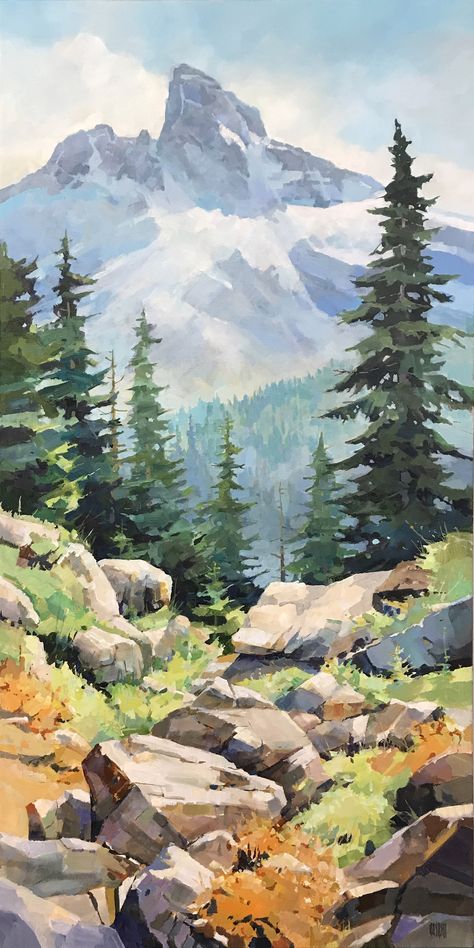 Tall Black Tusk by Randy Hayashi Mountain Painting Acrylic, Mountain Landscape Painting, Scenery Paintings, Gouache Art, Canvas Painting Landscape, Landscape Art Painting, Watercolor Landscape Paintings, Watercolor Trees, Mountain Paintings