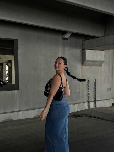 Denim maxi skirt | garage photoshoot Maxi Skirt Photoshoot, Jeans Into A Skirt, Skirt Photoshoot, Garage Photoshoot, Diy Skirt, Denim Maxi, Denim Maxi Skirt, Old Jeans, A Skirt