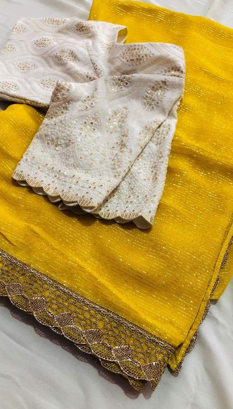 Yellow Saree With White Blouse, White Blouse Saree Combination, Yellow Saree Blouse Combination, White Saree With Contrast Blouse, Yellow Saree With Contrast Blouse, Plain Sarees, Traditional Blouse Designs, New Saree Blouse Designs, Fashionable Saree Blouse Designs