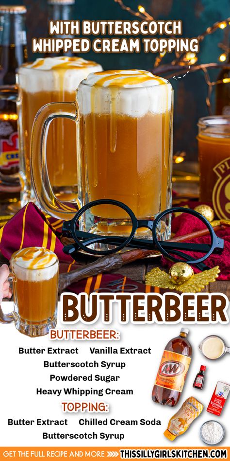 Easy Butterbeer Recipe, Homemade Butterbeer, Butter Beer Recipe Harry Potter, Harry Potter Parties Food, Butterscotch Syrup, Whipped Cream Topping, Butterbeer Recipe, Make Butter, Butter Extract