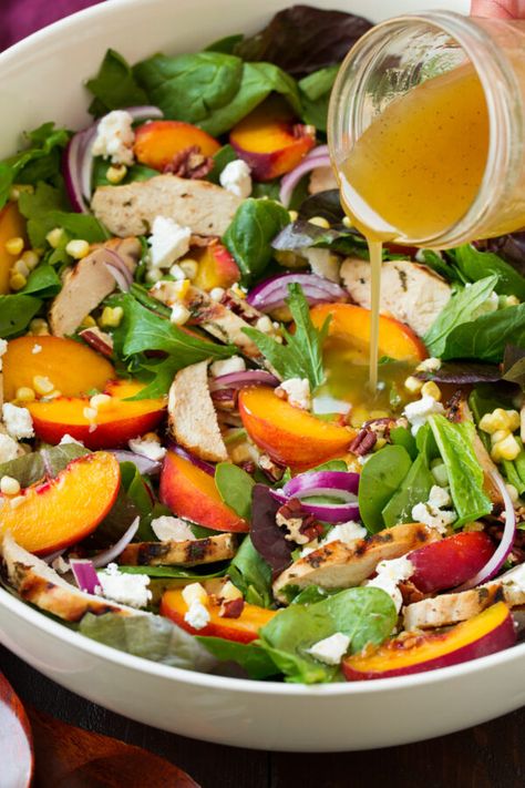 Peach Vinegar, Peach Salad Recipes, Vinegar Salad, Honey Vinaigrette, Vinegar Salad Dressing, White Balsamic, Peach Salad, Basil Chicken, Grilled Peaches