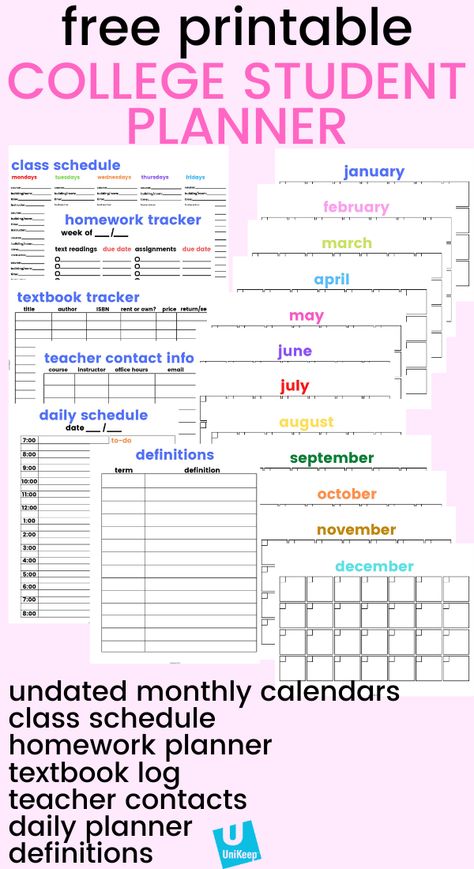 Standard & A5 Free Printable College Planner PDF 1178 ⏲ digital_planner_stickers_free #notionstudent. College Student Planner Printable Free, Free College Planner, Students Planner, Organizer Printables, College Planner Printables, Student Planner Template, Homework Chart, Document Organization, Student Calendar