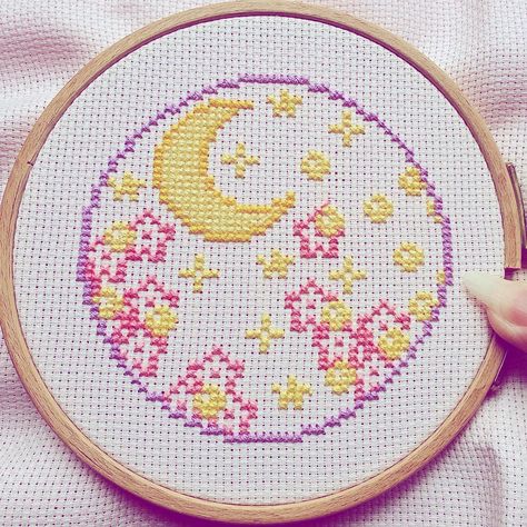 Starry Night Sky Cross Stitch WIP. 💜🌸 #crossstitch #crossstitchpattern #embroidery #craft #moon #japan #cherryblossom #pixel #pixelart #cute #kawaii #photo #photooftheday #pretty #love Sky Cross Stitch, Moon Cross Stitch, Stitch Halloween, Art Heart, Pixel Pattern, Starry Night Sky, Embroidery Craft, Cross Stitching, Hama Beads