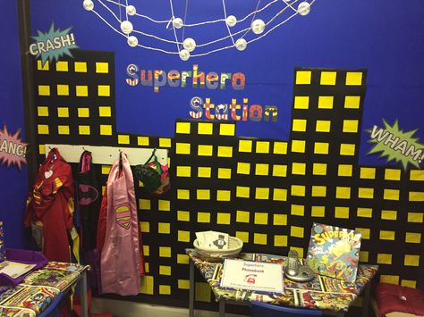 Superhero station role play area. #reception #superheroes #childrensinterests Superhero Role Play Eyfs, Superhero Role Play Area, Superhero Dramatic Play Preschool, Superhero Dramatic Play, Dramatic Play Toddlers, Superheroes Eyfs, Role Play Areas Eyfs, Traction Man, Superhero Vbs