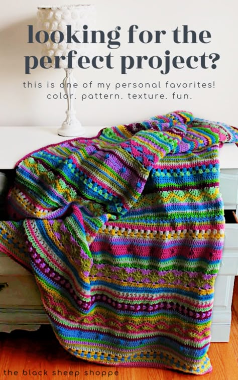 Looking for the perfect crochet project? This is one of my personal favorites! So fun! Bohemian Blanket Crochet Pattern, Mexican Crochet Blanket Pattern, I Love This Yarn Blanket, As We Go Stripey Blanket, Crochet Blanket Stripes Pattern, Random Yarn Crochet Blanket, Hippy Crochet Blanket, Boho Crochet Patterns Blanket, Sock Yarn Blanket Crochet