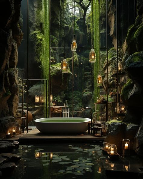 Jungle bathroom - Comforting Homes Jungle Bathroom, Jungle House, Wet Room, Fantasy House, Green Interiors, Stylish Bathroom, Forest House, Dream House Interior, Dream Bathroom