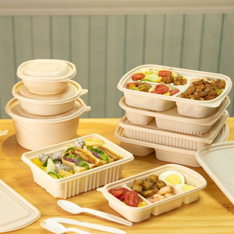 environmentally friendly disposable food containers,biodegradable take away compartment bento food box Food Container Packaging Design, Bento Boxes Containers, Gerobak Dorong, Bento Food, Clean Meal Prep, Disposable Food Containers, Salad Box, Cloud Kitchen, Meal Box