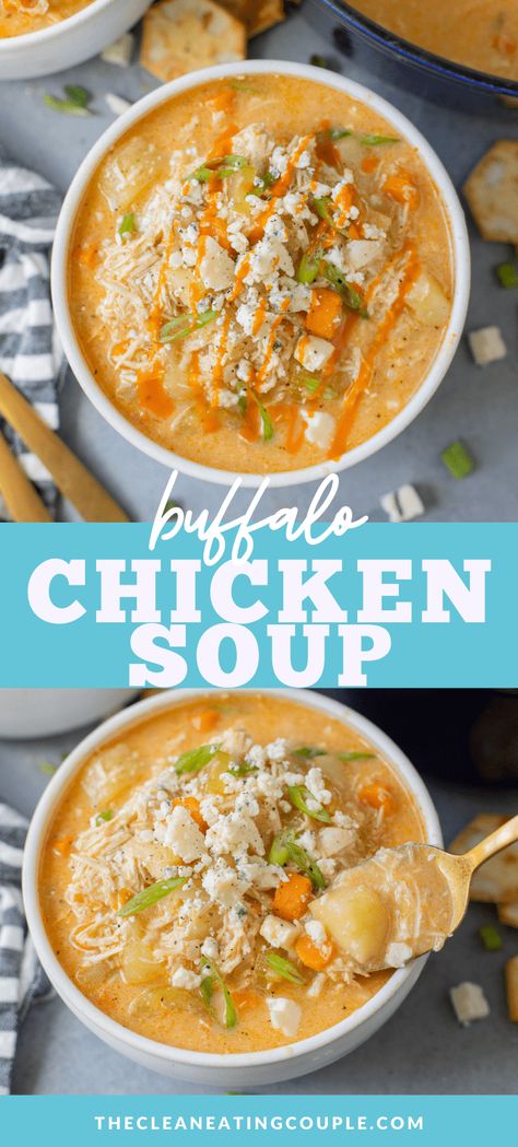 The best Buffalo Chicken Soup Recipe you'll ever have. Easy to make, healthy and delicious - you won't believe it's dairy free! Make it in your crockpot, instant pot, or on the stove top. It's creamy and delicious! Veg Soups, Soups Healthy, Whole30 Instant Pot, Buffalo Chicken Soup, Easy Clean Eating Recipes, Chicken Soup Recipe, Paleo Crockpot, Healthy Buffalo Chicken, Healthy Instant Pot Recipes