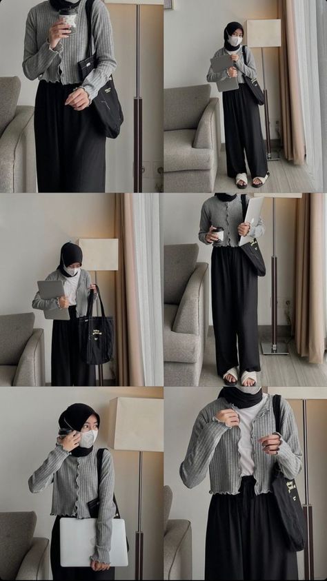 Grey Cardigan Outfit Hijab, Crop Sweater Outfits Hijab, Ootd Cardigan Crop Hijab, Ootd Cardigan Crop, Ootd Sweater Crop, Grey Outfit Hijab, Grey Crop Top Outfit, Ootd Hijab Cardigan, Outfit Celana Kulot