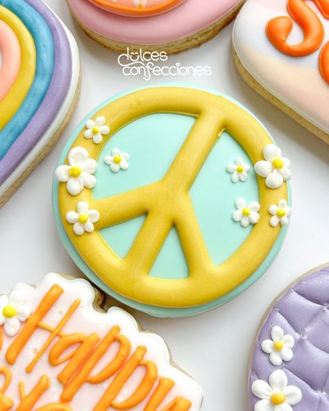 Ten is a vibe✌🏻 Happy birthday, Sofía! This was a fun order to work on💕 . . . #decoratedcookies #sugarcookies #customcookies #groovycookies #sugarart Groovy Birthday, Hippie Birthday, Icing Cookies, August 10, Sugar Art, Birthday Cookies, Royal Icing Cookies, Custom Cookies, Royal Icing