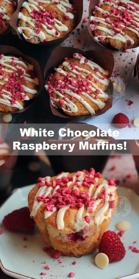 White Chocolate Raspberry Muffins, Baking Recipes Uk, Chocolate Raspberry Muffins, Raspberry And White Chocolate Muffins, Janes Patisserie, Chocolate And Raspberry, Raspberry Muffins, Raspberry Recipes, Easy Bake